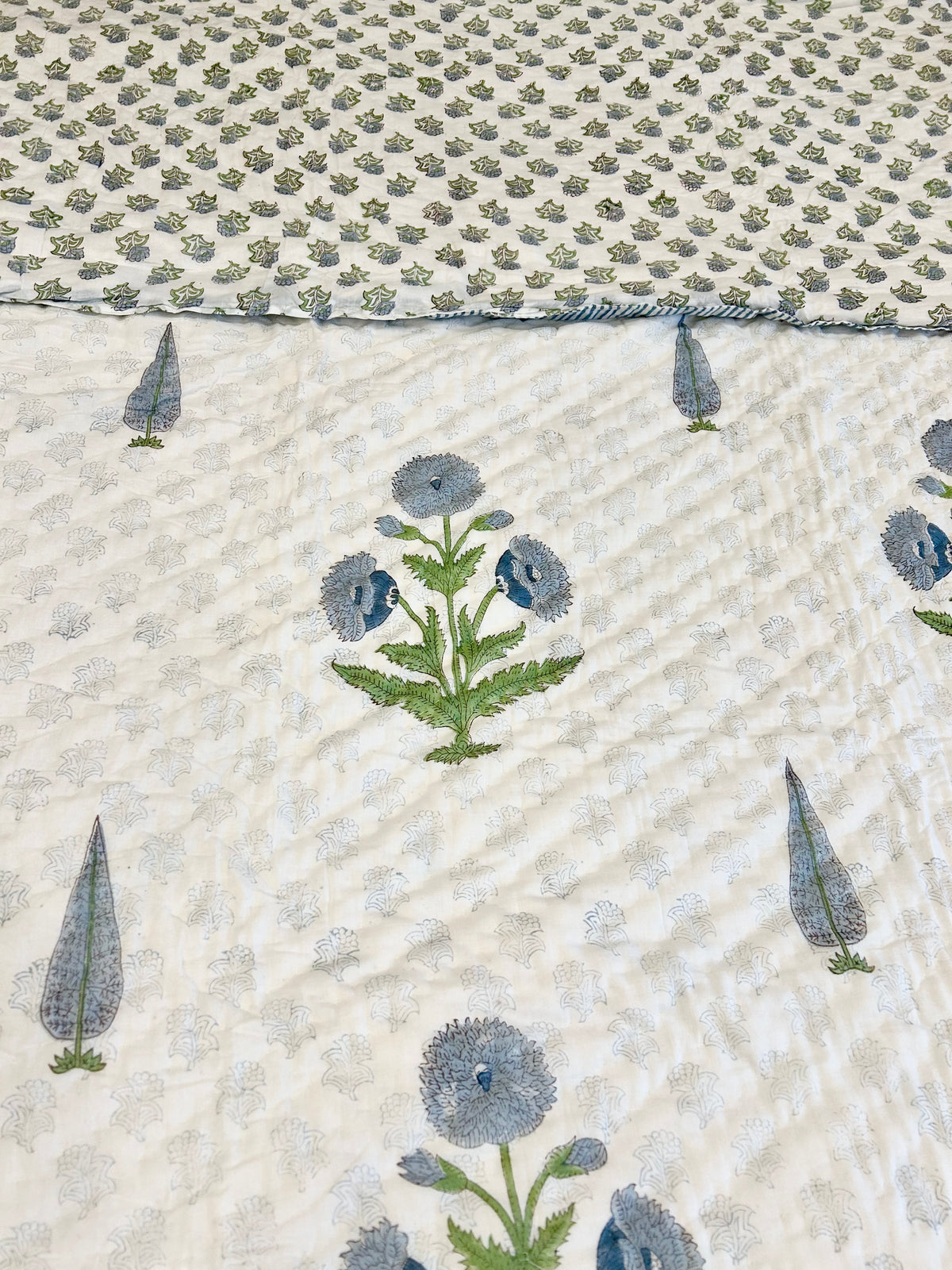 DESI PHOOL BLUE HANDBLOCK PRINT PURE MULMUL COTTON QUILT