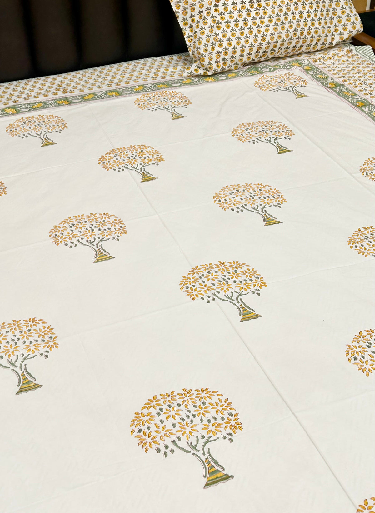 YELLOW WISHING TREE HANDBLOCK BEDSHEET